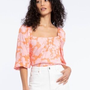 SANCTUARY Floral Square Neck Puff Sleeve Blouse L Pink Orange Boho